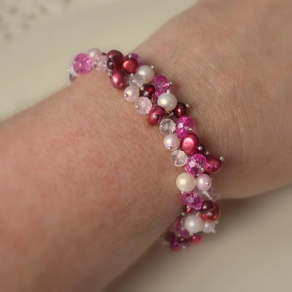 Valentine's Day Cluster Bracelet with Pearls Garnets and Morganite - Picture 4 of 5
